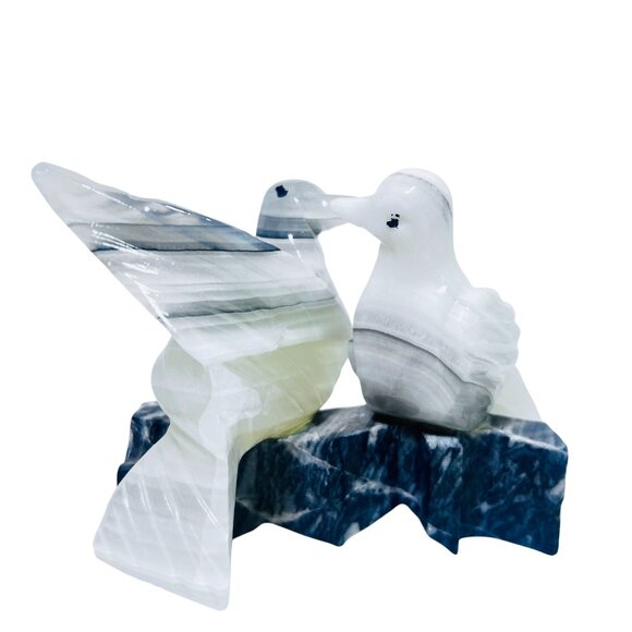 Vtg Hand-Carved Onyx Sculpture Pair Love Birds Doves Marble Base White & Gray - Picture 2 of 8